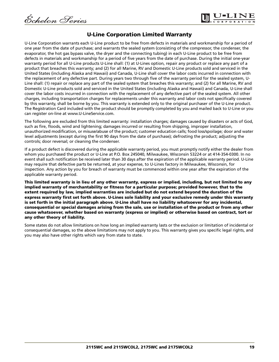 U-line corporation limited warranty | U-Line 2115WCOL2 User Manual | Page 19 / 20