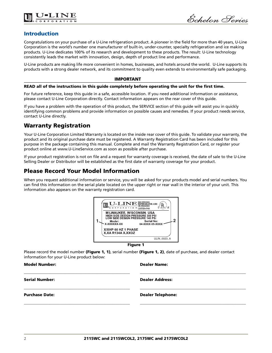 Warranty registration, Please record your model information, Introduction | U-Line 2115WCOL2 User Manual | Page 2 / 20