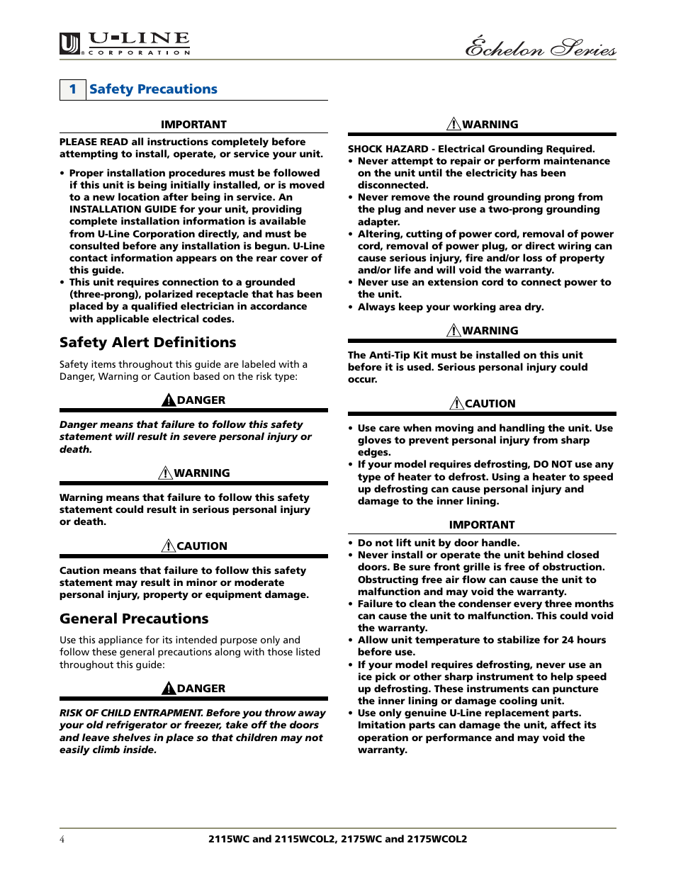 Safety alert definitions, General precautions, 1 safety precautions | U-Line 2115WCOL2 User Manual | Page 4 / 20