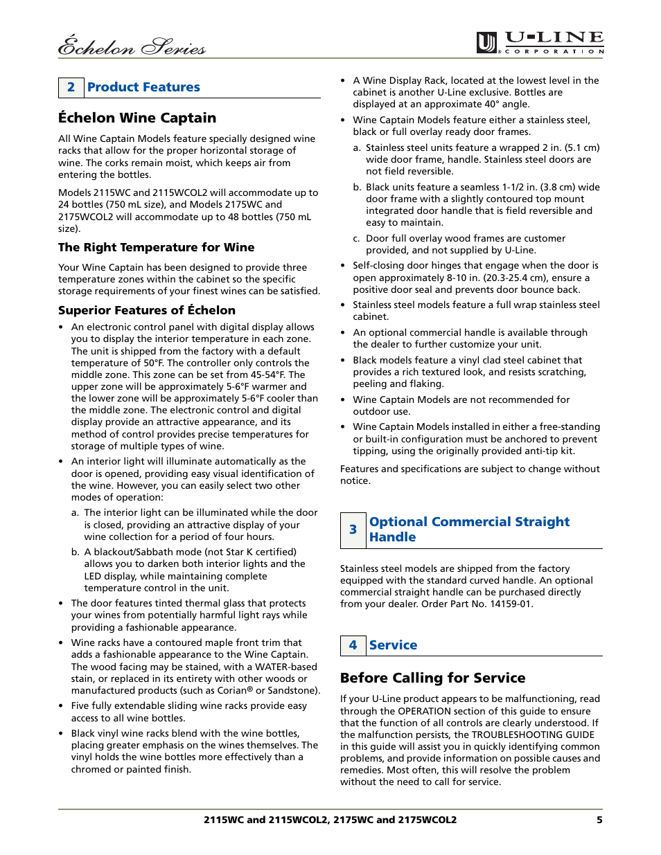 Échelon wine captain, Before calling for service | U-Line 2115WCOL2 User Manual | Page 5 / 20