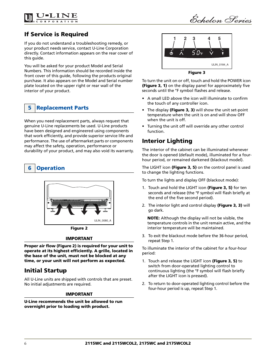 If service is required, Initial startup, Interior lighting | 5 replacement parts 6 operation | U-Line 2115WCOL2 User Manual | Page 6 / 20