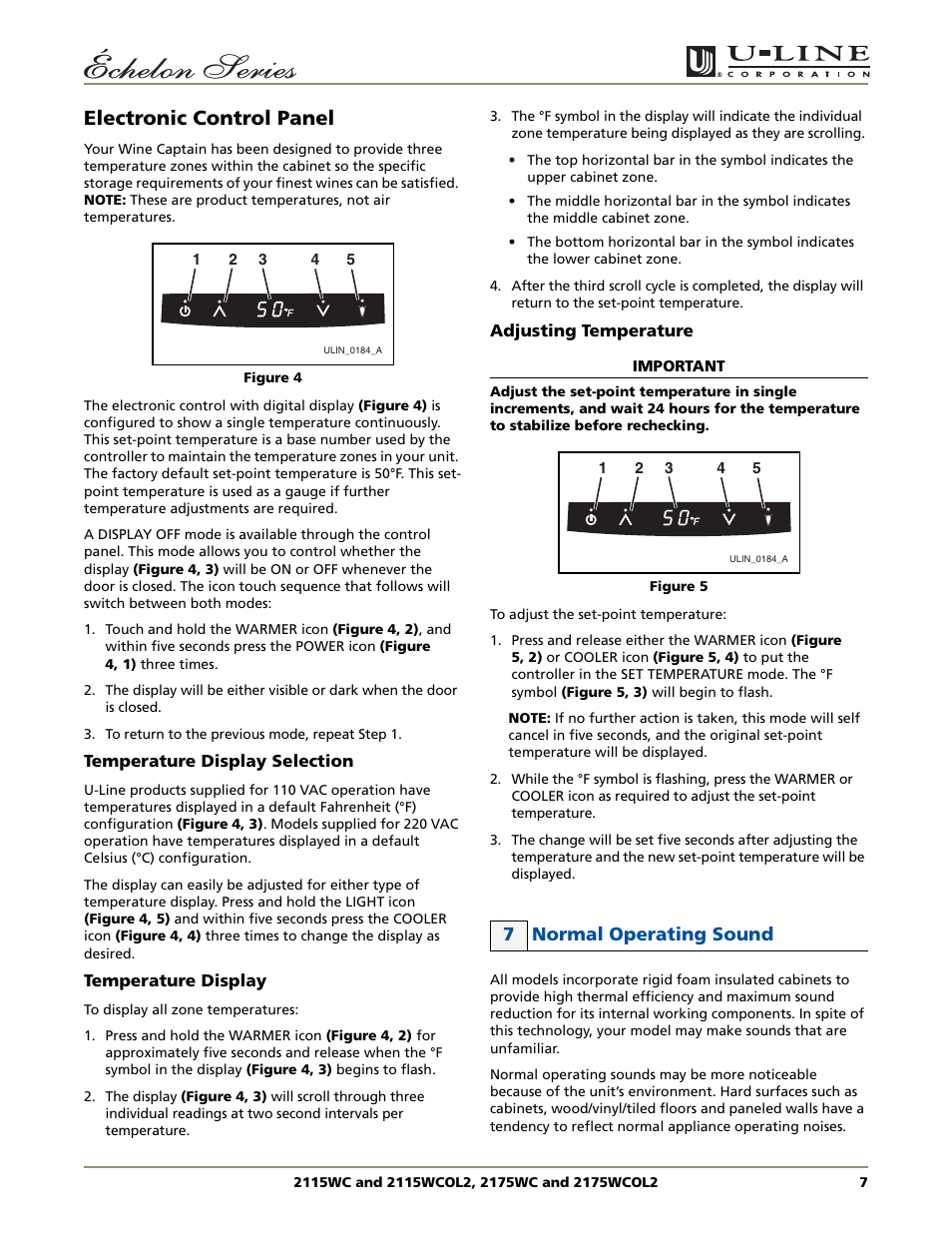 Electronic control panel, 7 normal operating sound | U-Line 2115WCOL2 User Manual | Page 7 / 20