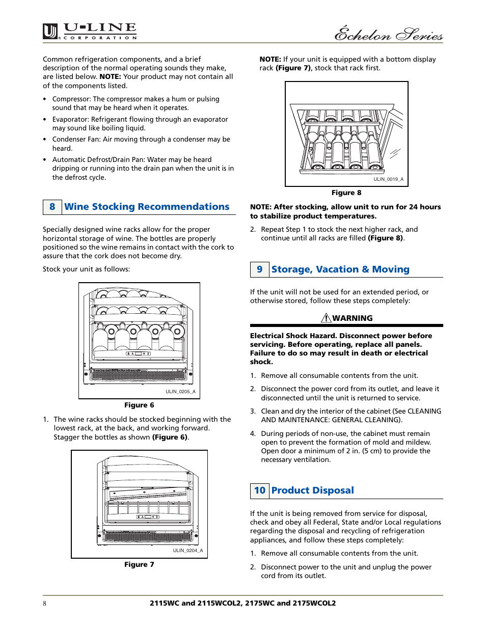 8 wine stocking recommendations, 9 storage, vacation & moving 10 product disposal | U-Line 2115WCOL2 User Manual | Page 8 / 20
