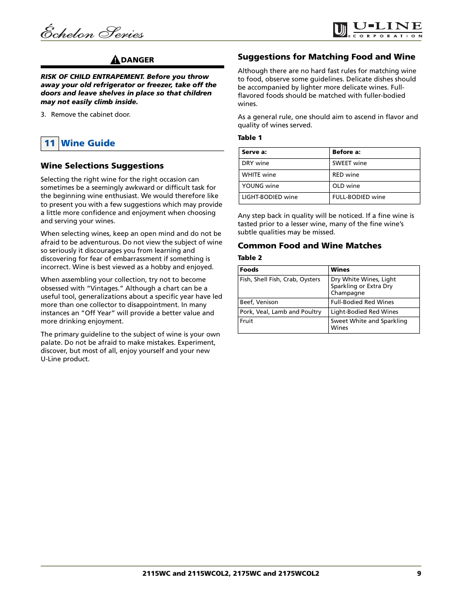 11 wine guide, Wine selections suggestions, Suggestions for matching food and wine | Common food and wine matches | U-Line 2115WCOL2 User Manual | Page 9 / 20
