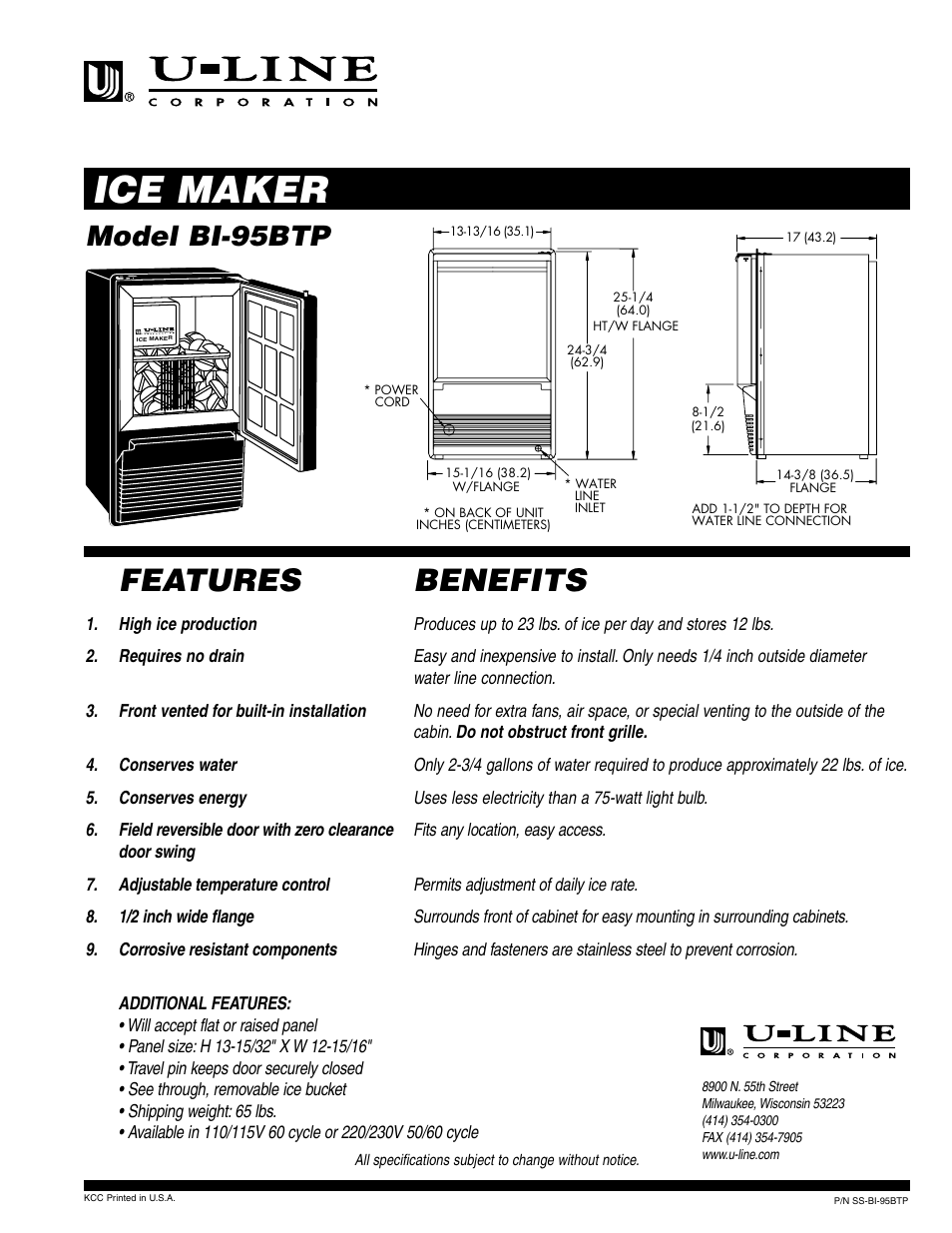 U-Line BI-95BTP User Manual | 1 page