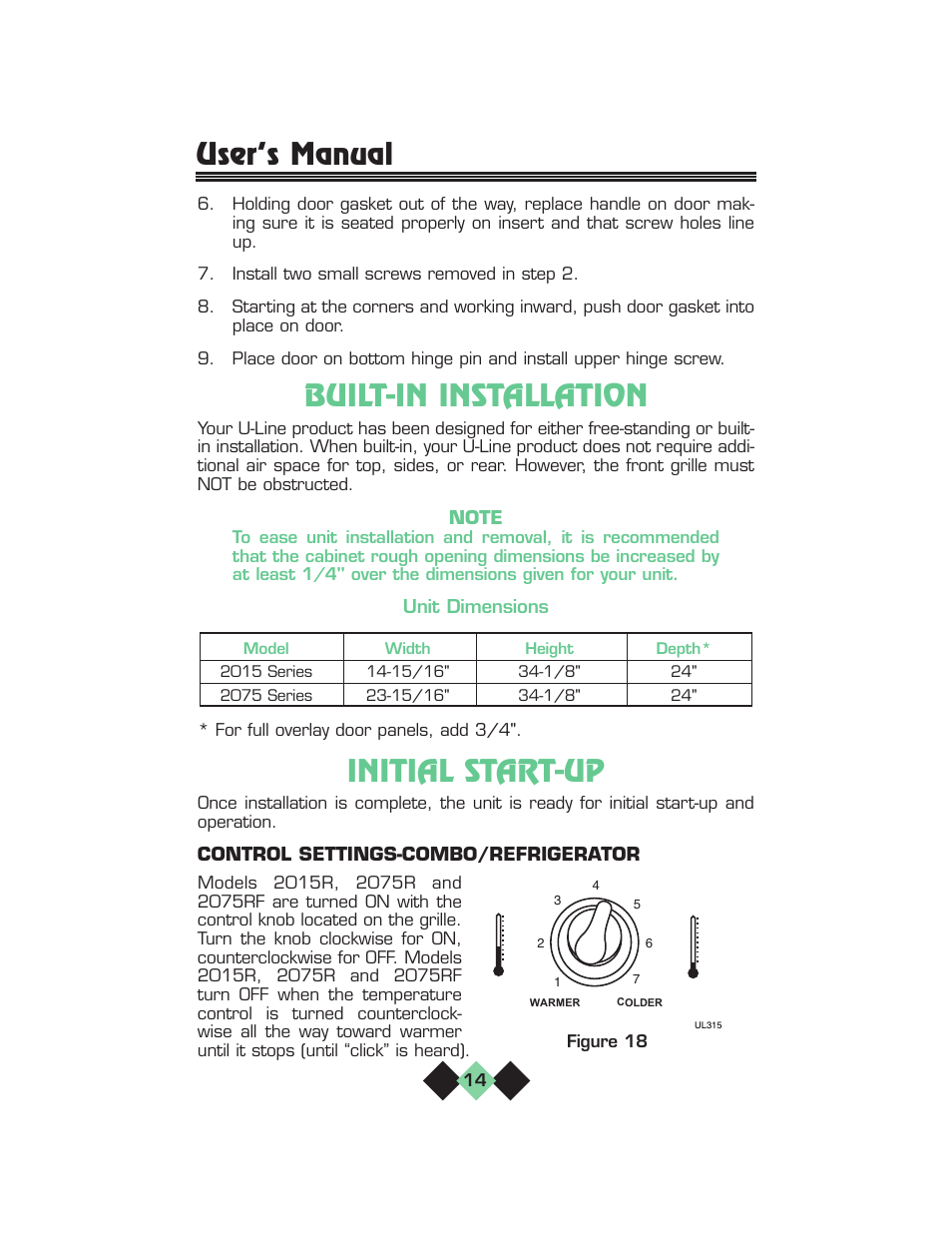 Built-in installation, Initial start-up, User’s manual | U-Line pmn User Manual | Page 16 / 32