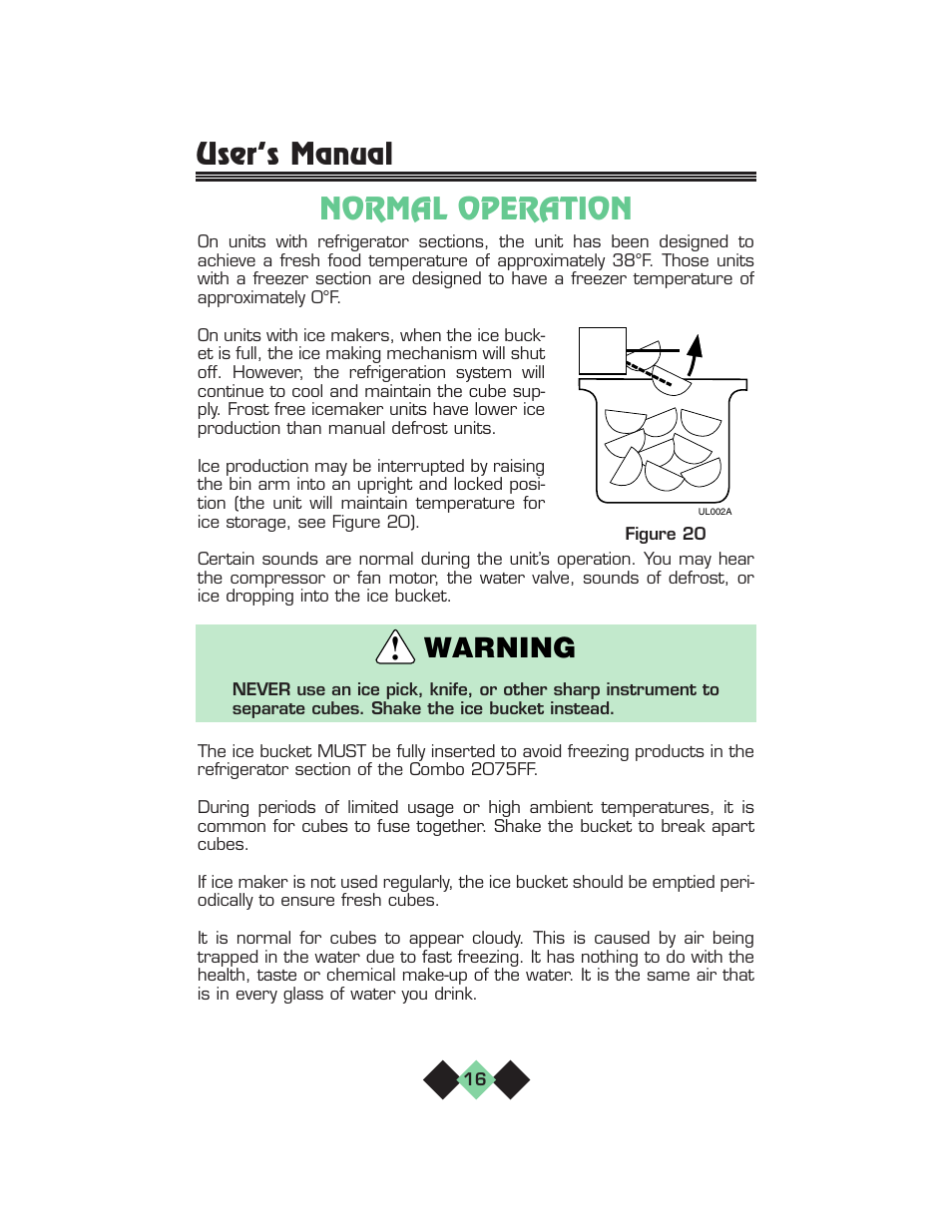 Normal operation, Warning, User’s manual | U-Line pmn User Manual | Page 18 / 32