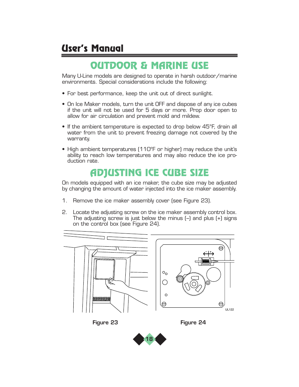 User’s manual outdoor & marine use, Adjusting ice cube size | U-Line pmn User Manual | Page 20 / 32