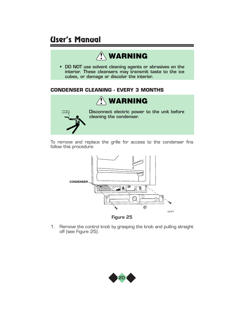 Warning, User’s manual, Condenser cleaning - every 3 months | U-Line pmn User Manual | Page 22 / 32