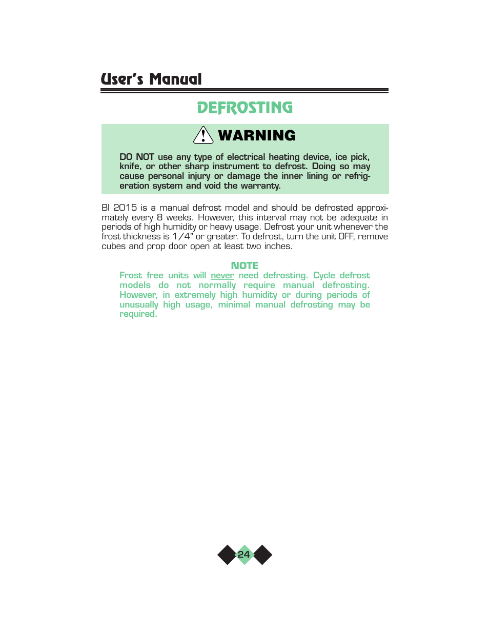 Defrosting, Warning, User’s manual | U-Line pmn User Manual | Page 26 / 32
