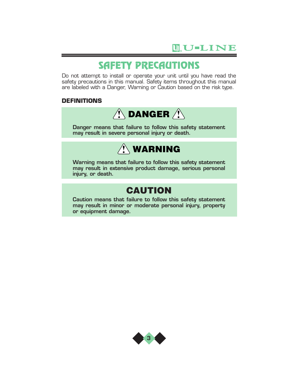 Safety precautions, Caution, Warning danger | U-Line pmn User Manual | Page 5 / 32