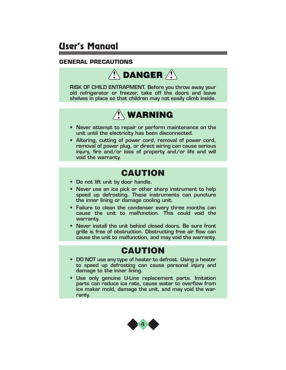 Caution, Warning danger, User’s manual | U-Line pmn User Manual | Page 6 / 32