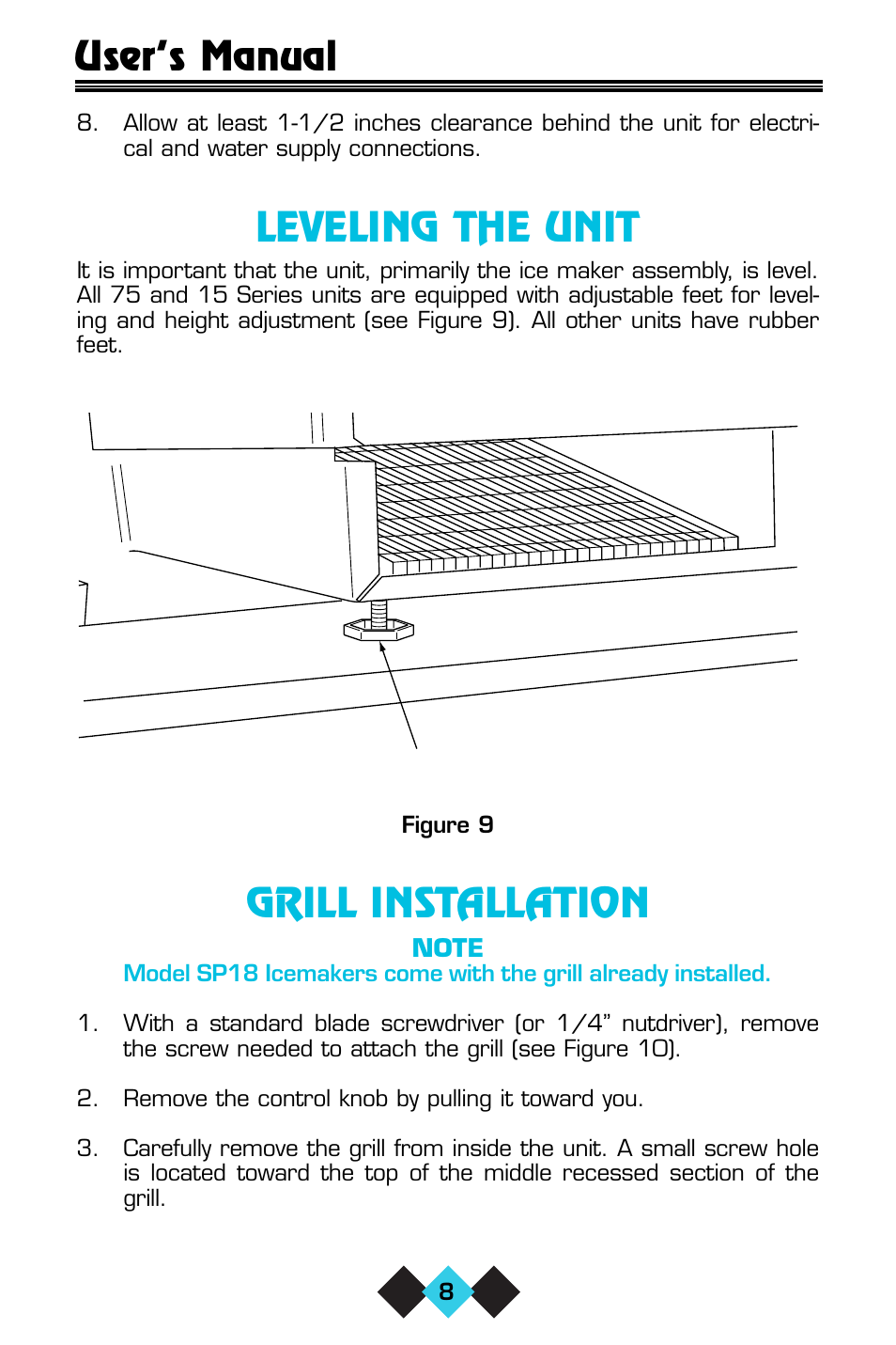 Leveling the unit, Grill installation, User’s manual | U-Line ICE-MAKER/REFRIGERATOR User Manual | Page 10 / 33