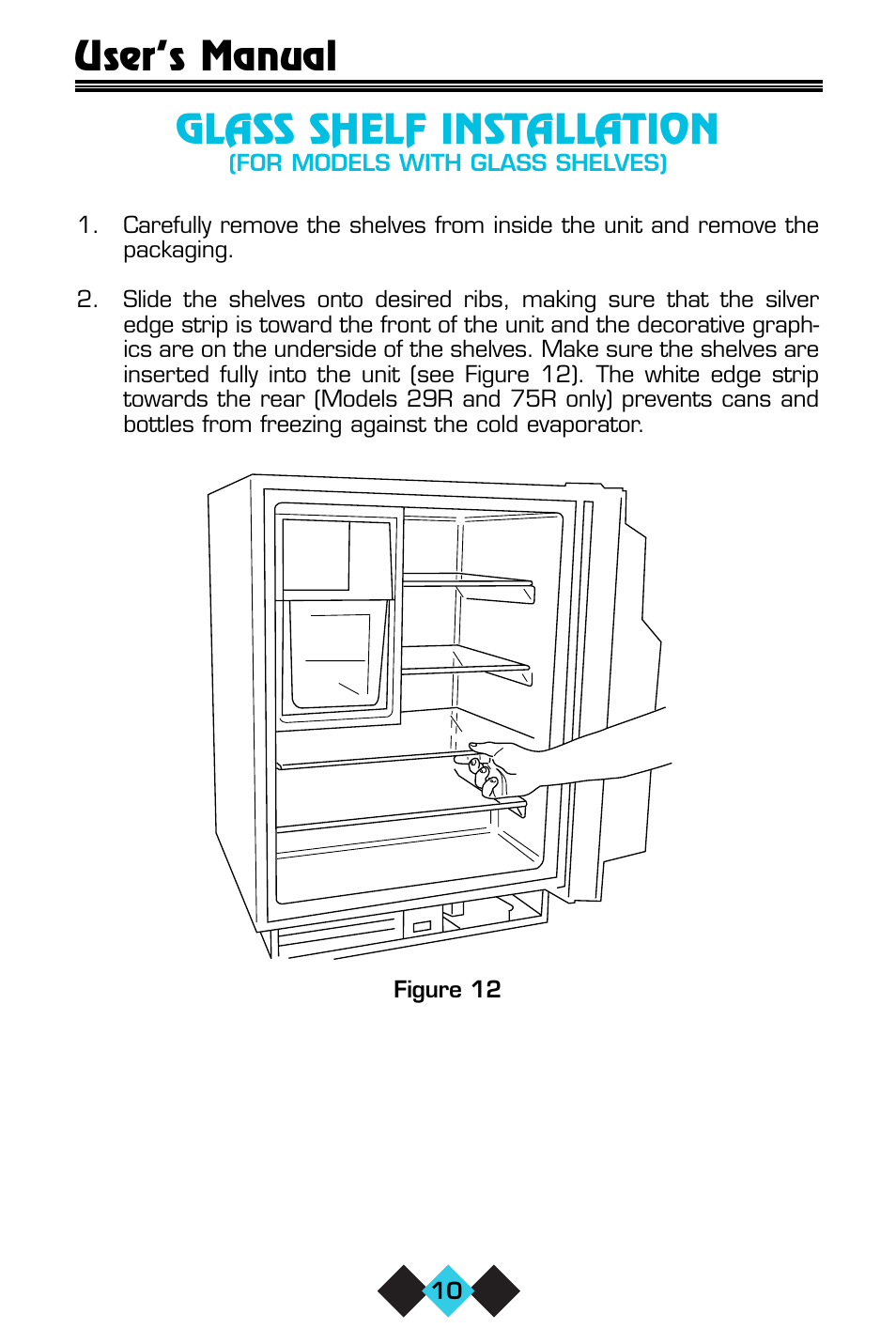 Glass shelf installation, User’s manual | U-Line ICE-MAKER/REFRIGERATOR User Manual | Page 12 / 33