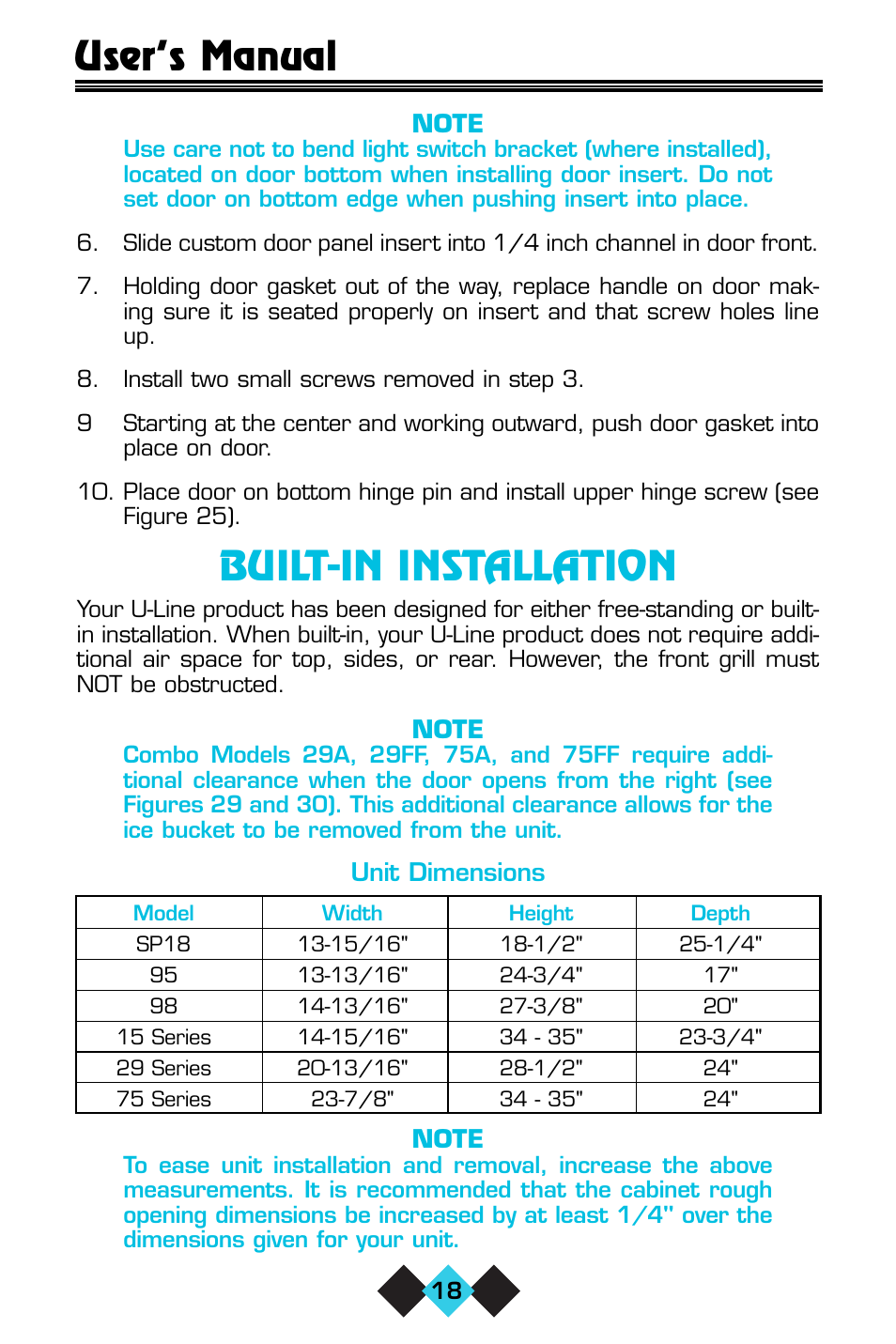 Built-in installation, User’s manual | U-Line ICE-MAKER/REFRIGERATOR User Manual | Page 20 / 33