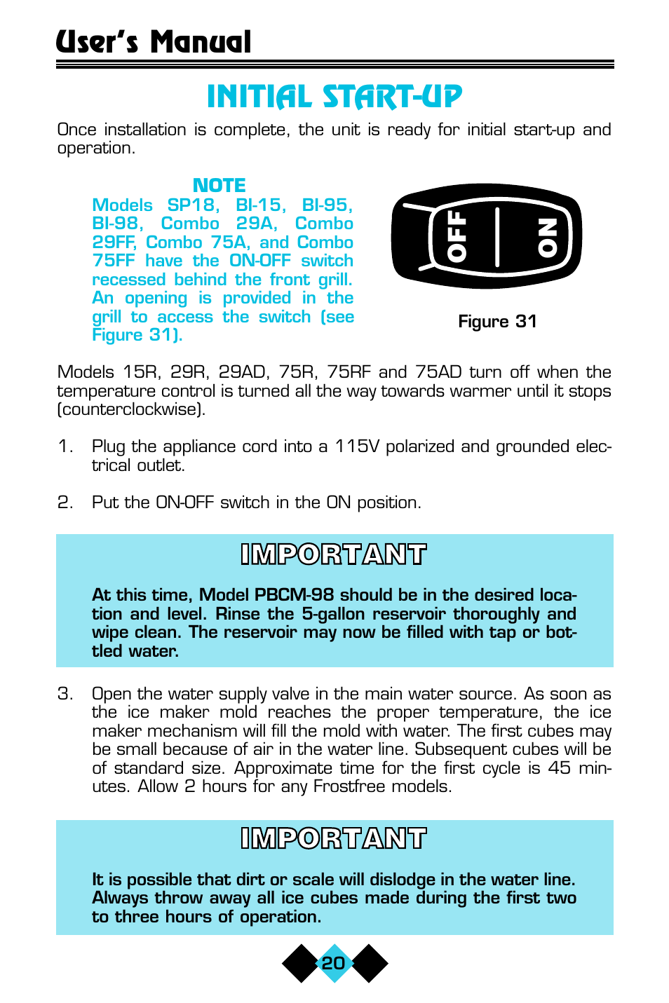 Initial start-up, User’s manual, Off on | U-Line ICE-MAKER/REFRIGERATOR User Manual | Page 22 / 33