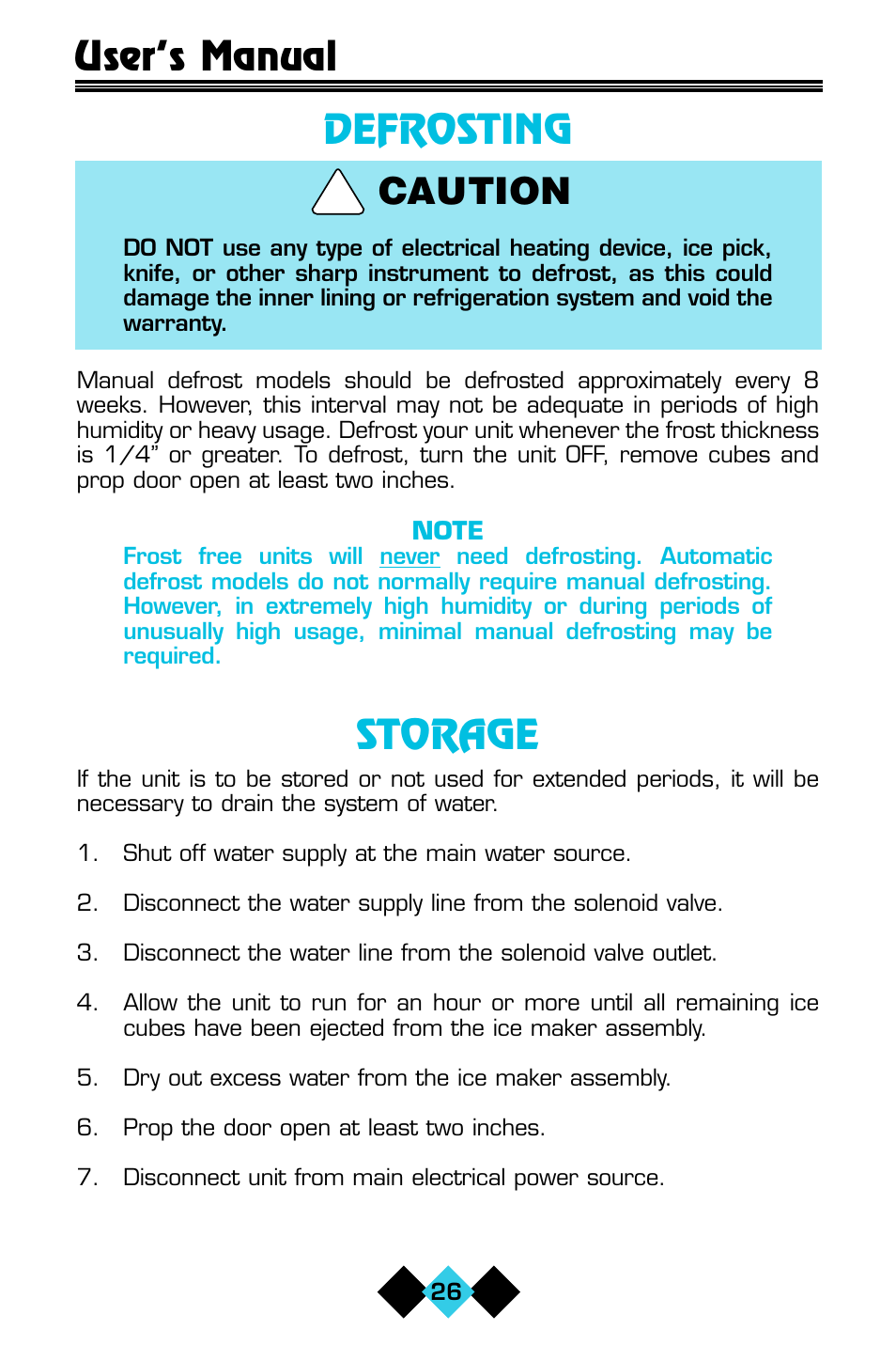 Defrosting, Storage, Caution | User’s manual | U-Line ICE-MAKER/REFRIGERATOR User Manual | Page 28 / 33