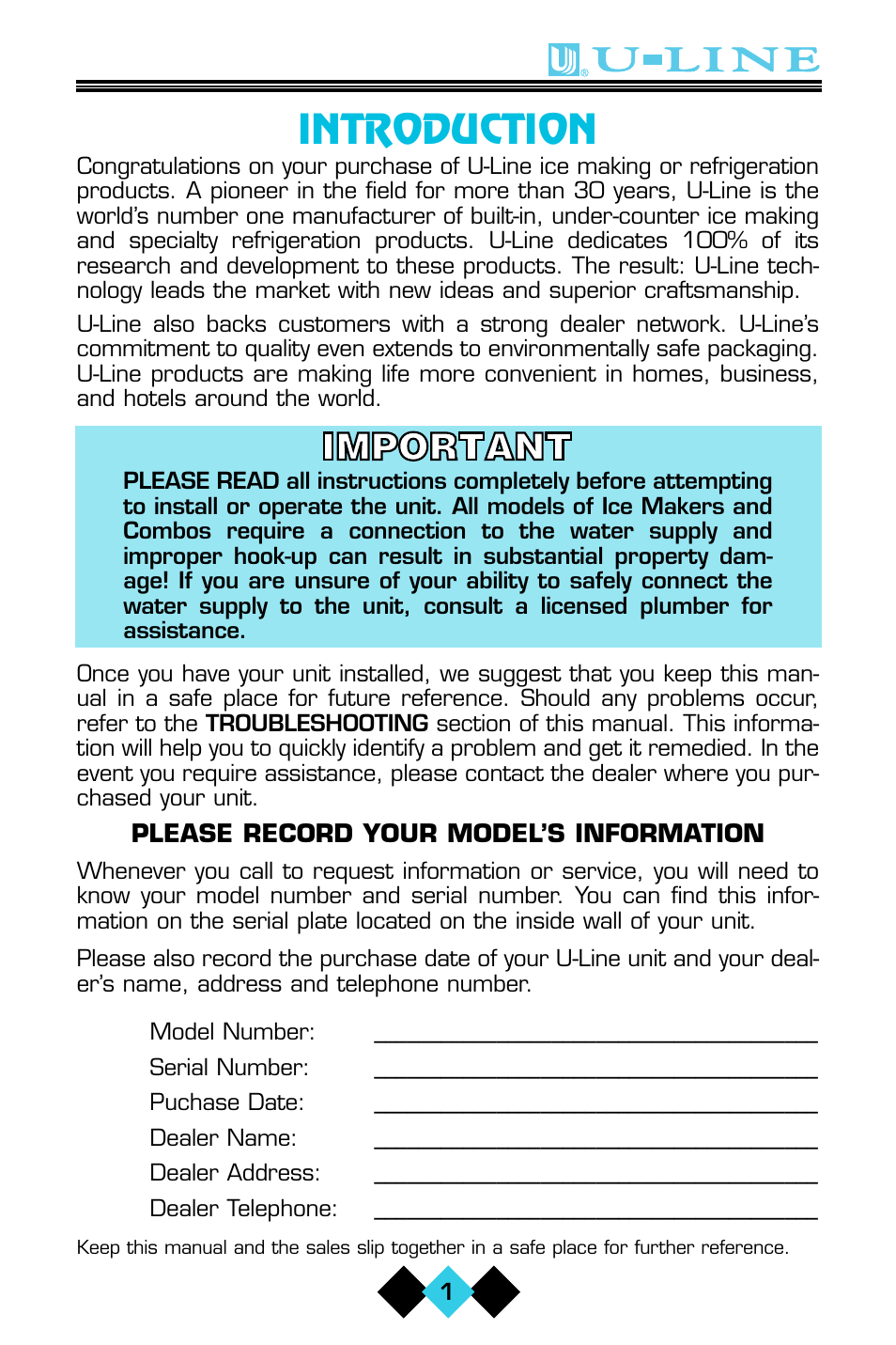 Introduction | U-Line ICE-MAKER/REFRIGERATOR User Manual | Page 3 / 33
