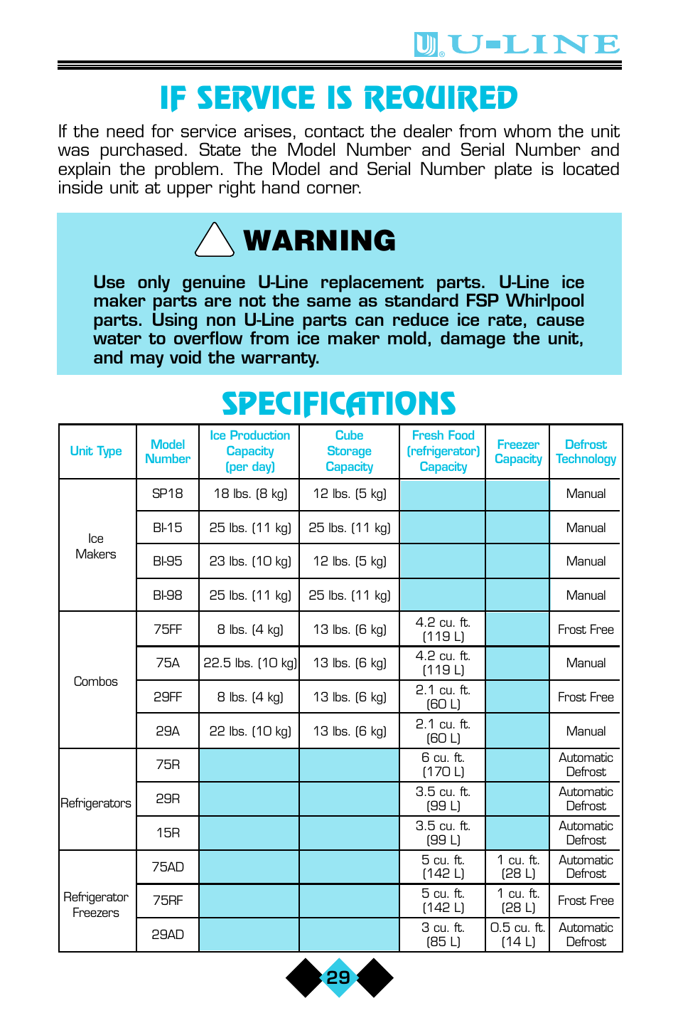 If service is required, Specifications, Warning | U-Line ICE-MAKER/REFRIGERATOR User Manual | Page 31 / 33