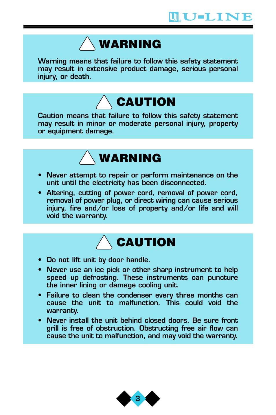 Caution, Warning | U-Line ICE-MAKER/REFRIGERATOR User Manual | Page 5 / 33