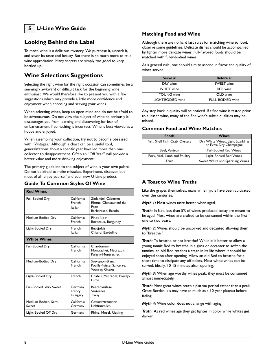 Looking behind the label, Wine selections suggestions, 5 u-line wine guide | Guide to common styles of wine, Matching food and wine, Common food and wine matches, A toast to wine truths | U-Line 2275ZWCOL User Manual | Page 10 / 24