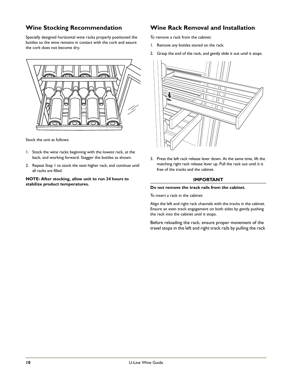Wine stocking recommendation, Wine rack removal and installation | U-Line 2275ZWCOL User Manual | Page 12 / 24