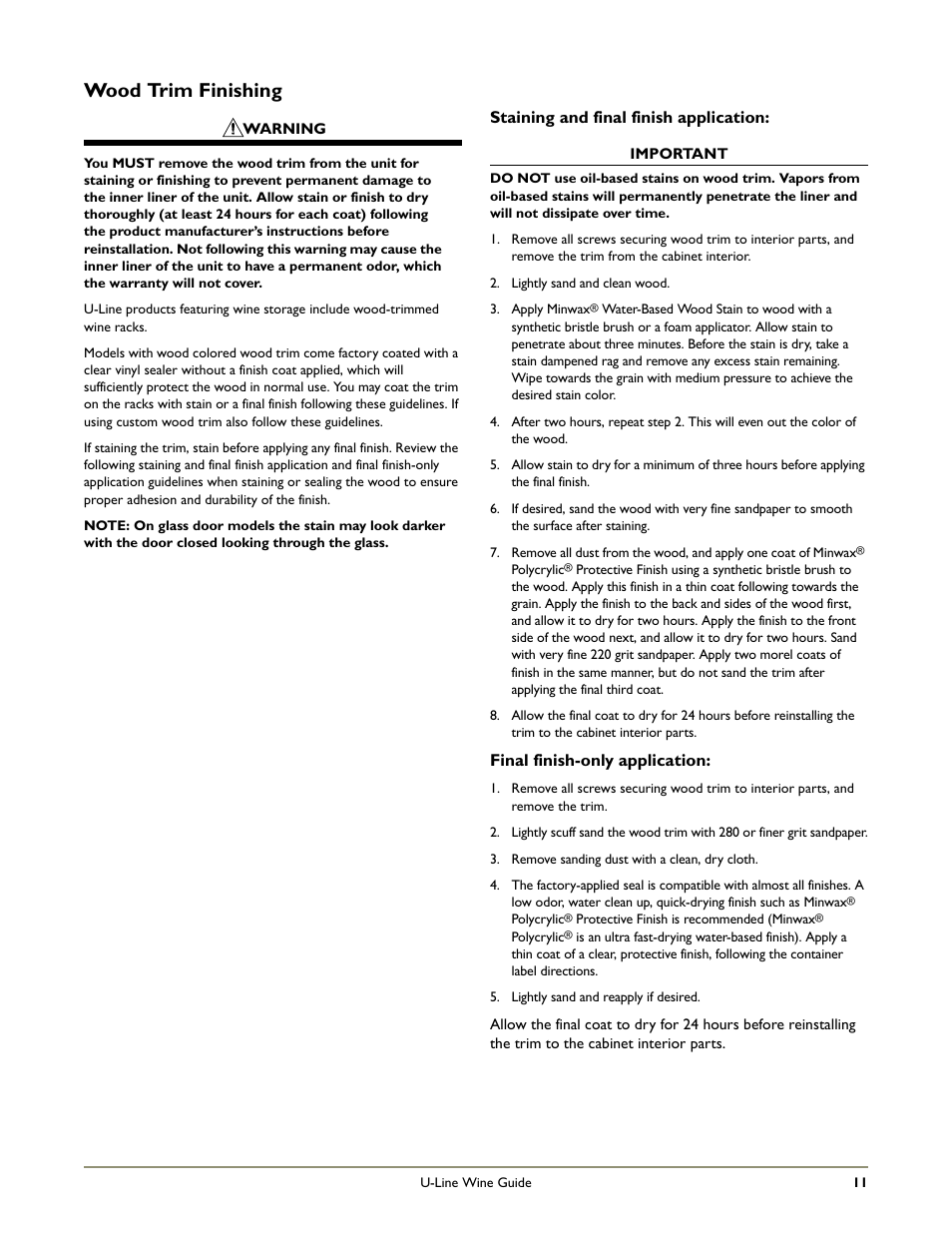 Wood trim finishing | U-Line 2275ZWCOL User Manual | Page 13 / 24