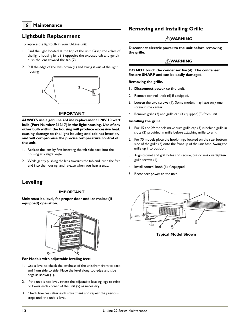 Lightbulb replacement, Removing and installing grille, Leveling | U-Line 2275ZWCOL User Manual | Page 14 / 24