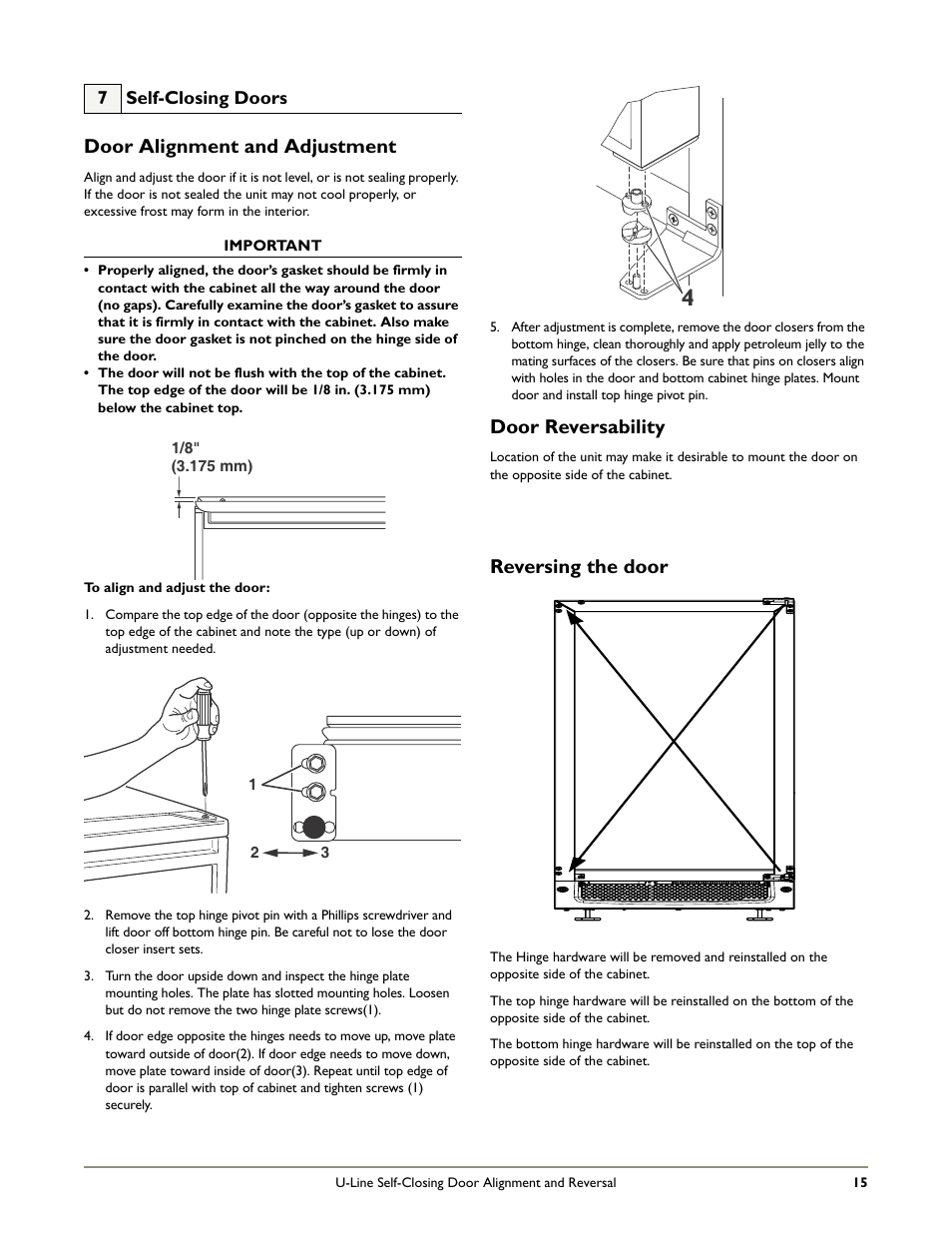 Door alignment and adjustment, Door reversability, Reversing the door | U-Line 2275ZWCOL User Manual | Page 17 / 24