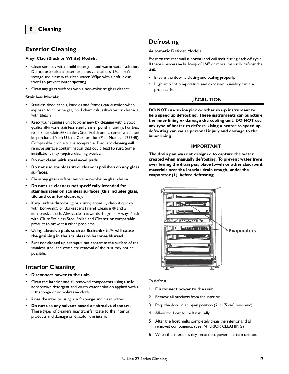 Exterior cleaning, Interior cleaning, Defrosting | 8 cleaning | U-Line 2275ZWCOL User Manual | Page 19 / 24