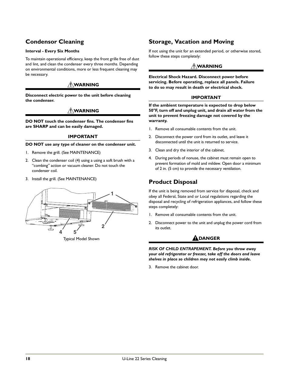 Condensor cleaning, Storage, vacation and moving, Product disposal | U-Line 2275ZWCOL User Manual | Page 20 / 24