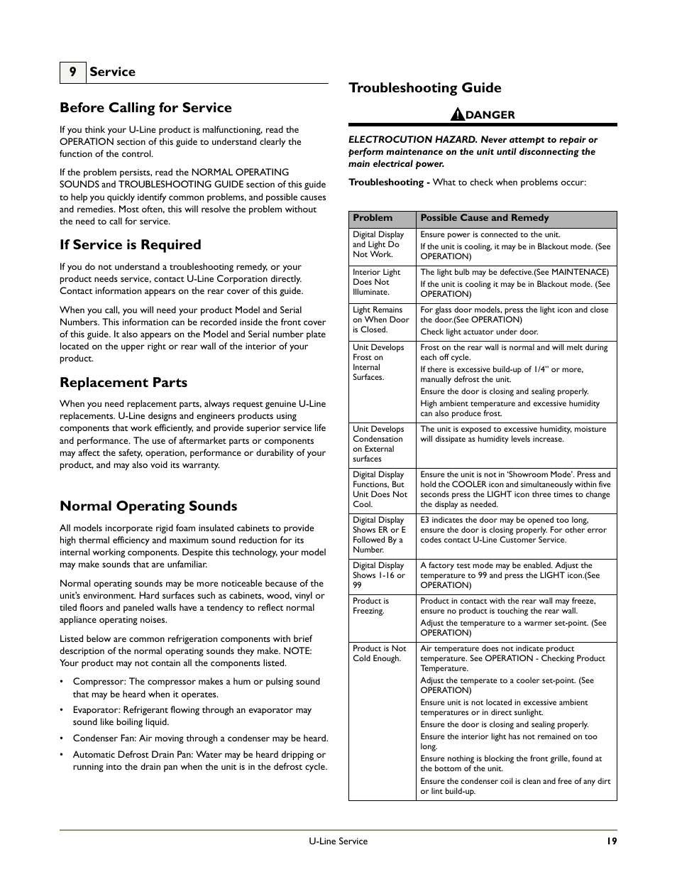 Before calling for service, If service is required, Replacement parts | Normal operating sounds, Troubleshooting guide, 9 service | U-Line 2275ZWCOL User Manual | Page 21 / 24