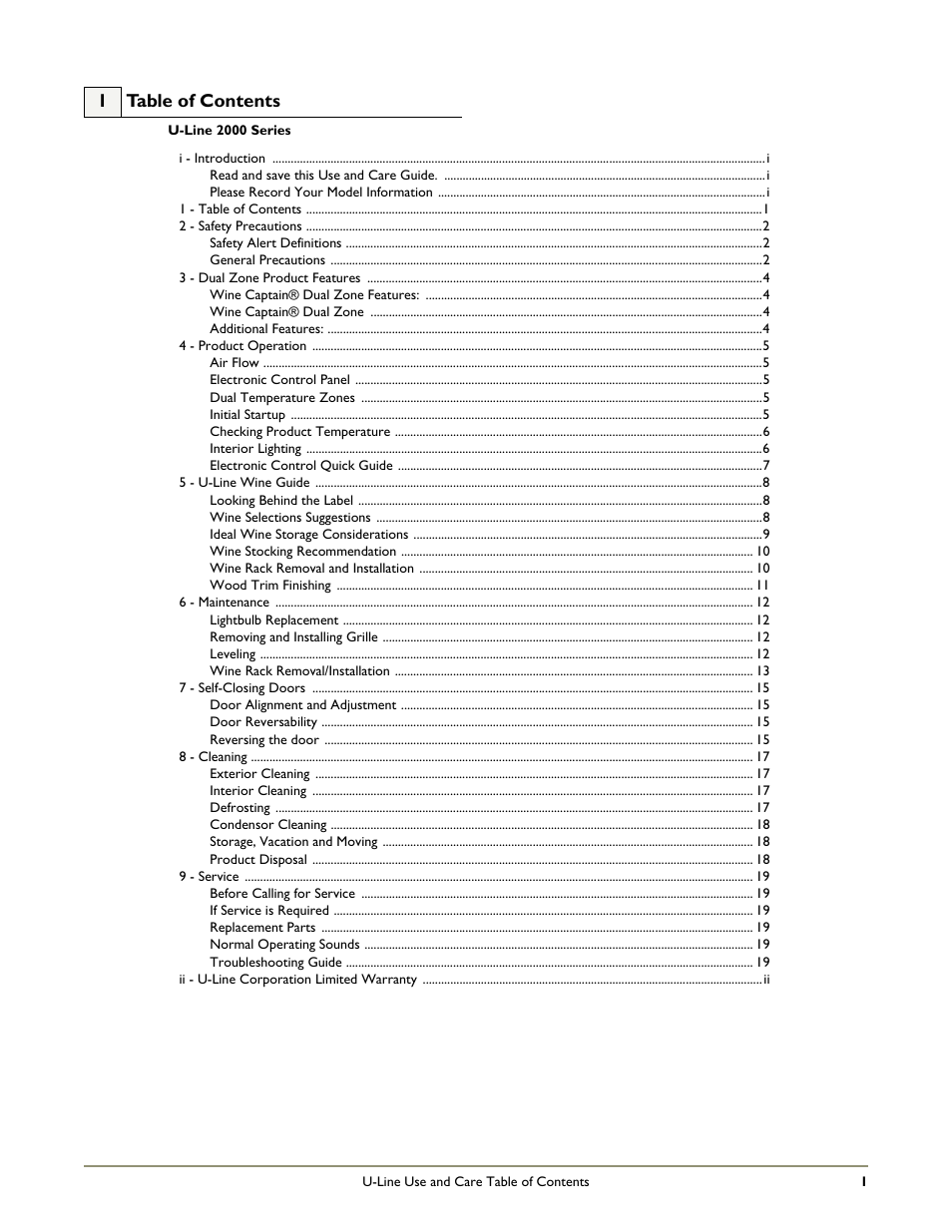 1 table of contents | U-Line 2275ZWCOL User Manual | Page 3 / 24