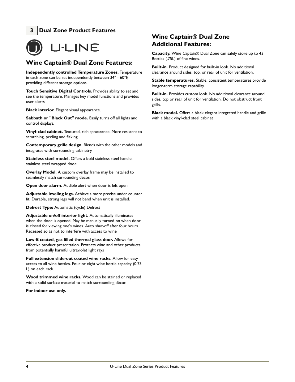 Wine captain® dual zone features, Wine captain® dual zone additional features | U-Line 2275ZWCOL User Manual | Page 6 / 24