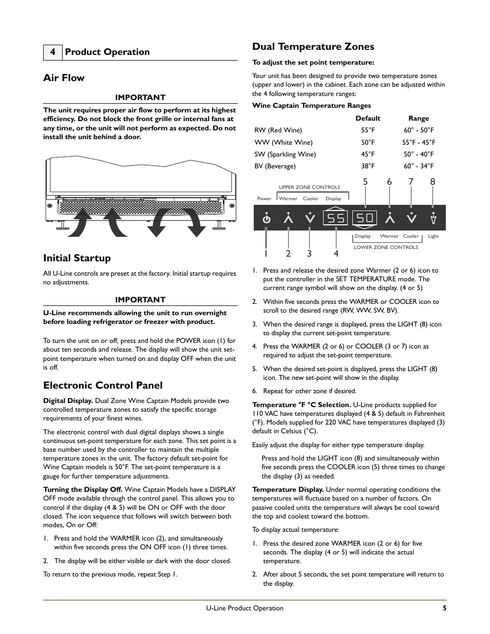 Air flow, Electronic control panel, Dual temperature zones | Initial startup | U-Line 2275ZWCOL User Manual | Page 7 / 24