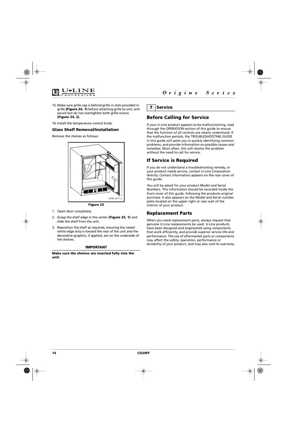 Before calling for service, If service is required, Replacement parts | U-Line CO29FF User Manual | Page 14 / 20