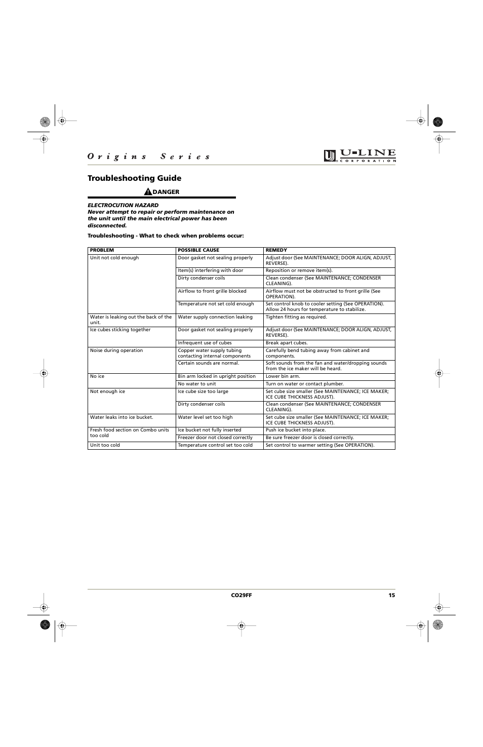Troubleshooting guide | U-Line CO29FF User Manual | Page 15 / 20