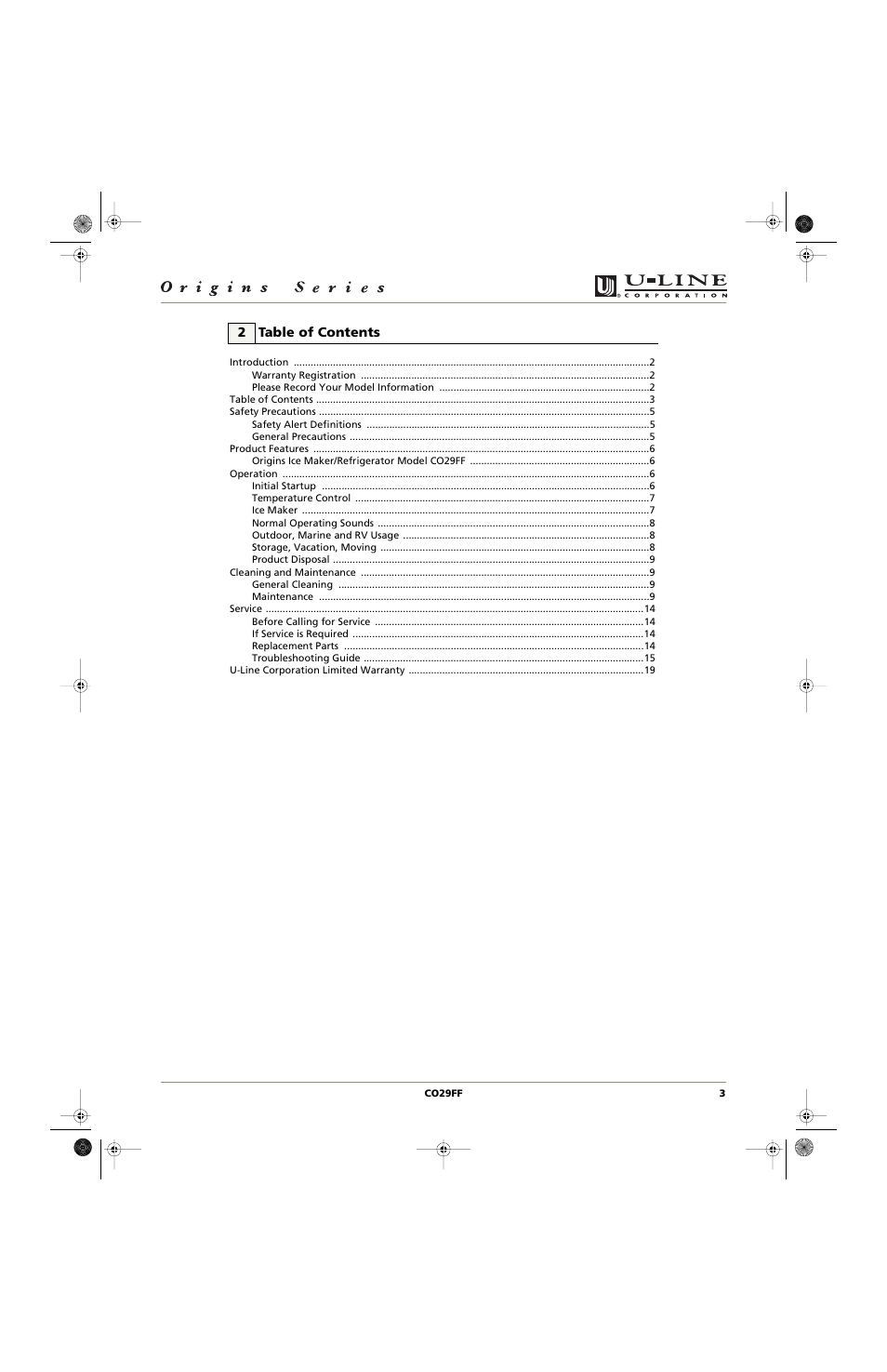 2 table of contents | U-Line CO29FF User Manual | Page 3 / 20