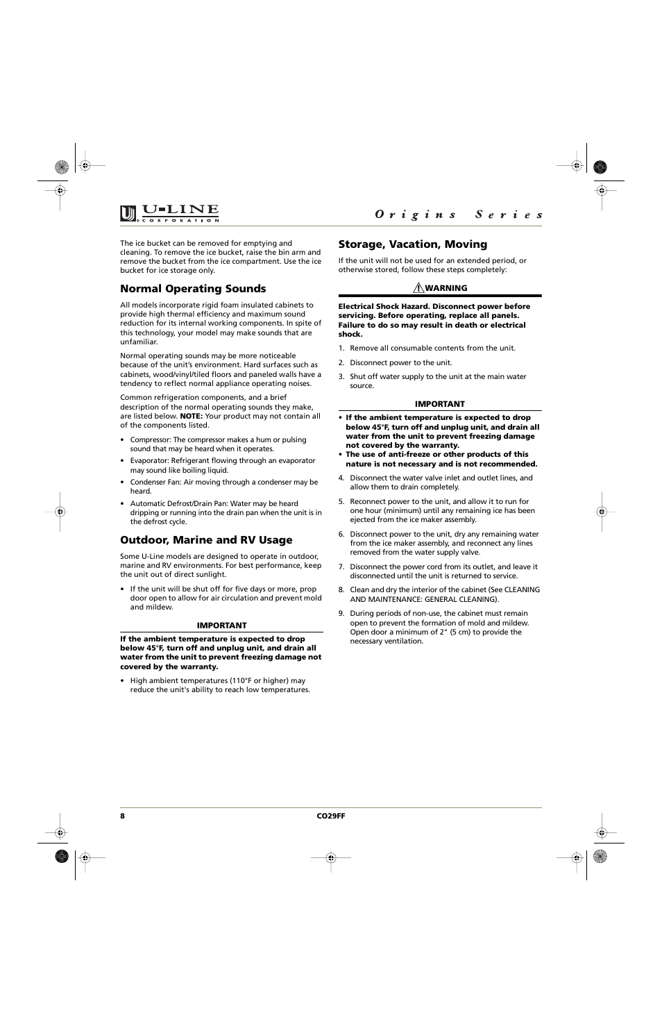 Normal operating sounds, Outdoor, marine and rv usage, Storage, vacation, moving | U-Line CO29FF User Manual | Page 8 / 20