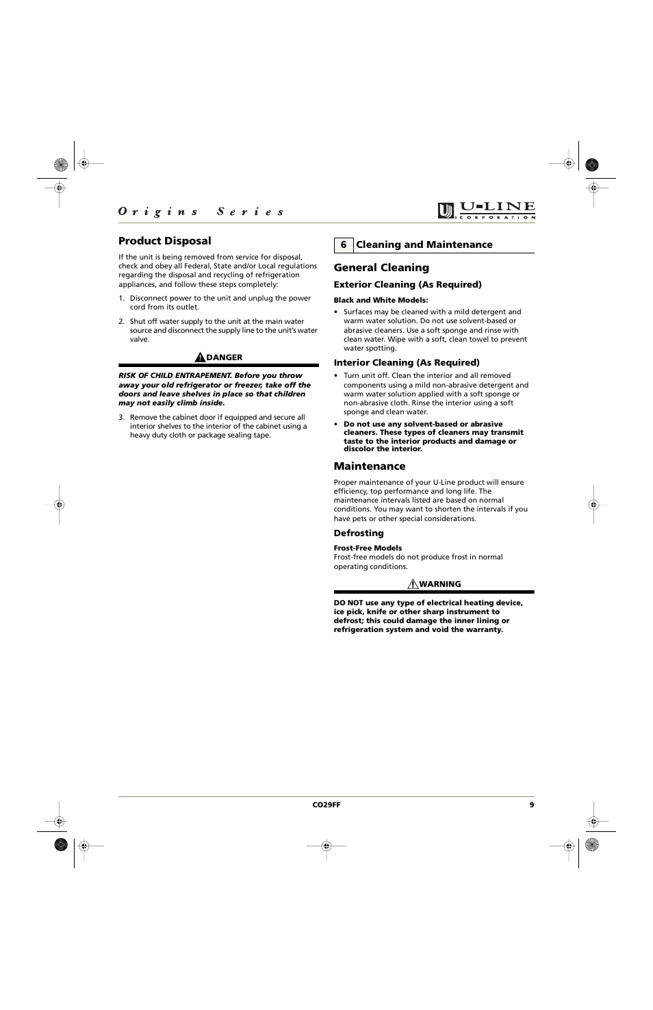 Product disposal, General cleaning, Maintenance | U-Line CO29FF User Manual | Page 9 / 20