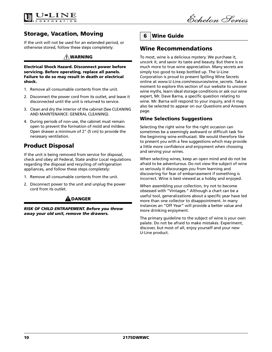 Storage, vacation, moving, Product disposal, Wine recommendations | U-Line 2175DWRWC User Manual | Page 10 / 20