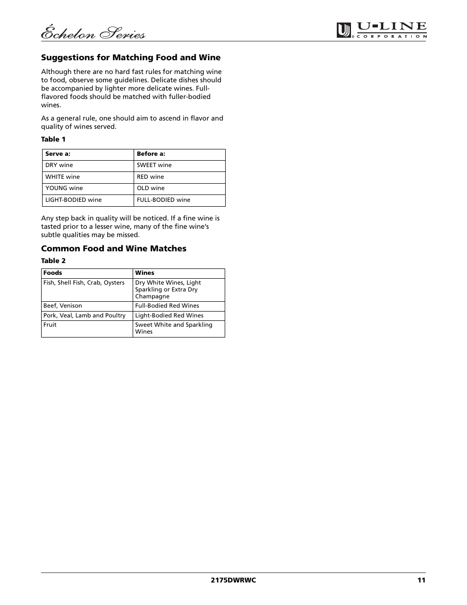Suggestions for matching food and wine, Common food and wine matches | U-Line 2175DWRWC User Manual | Page 11 / 20