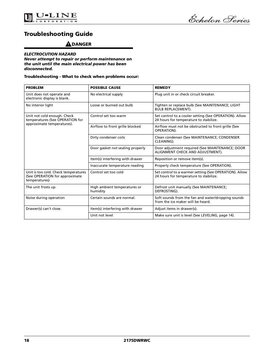 Troubleshooting guide | U-Line 2175DWRWC User Manual | Page 18 / 20