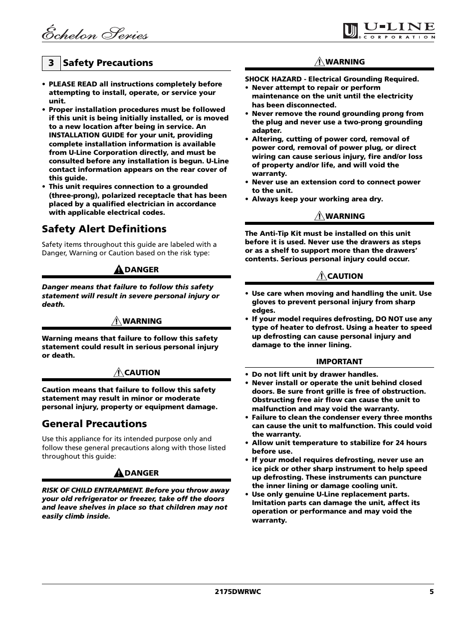 Safety alert definitions, General precautions, 3 safety precautions | U-Line 2175DWRWC User Manual | Page 5 / 20