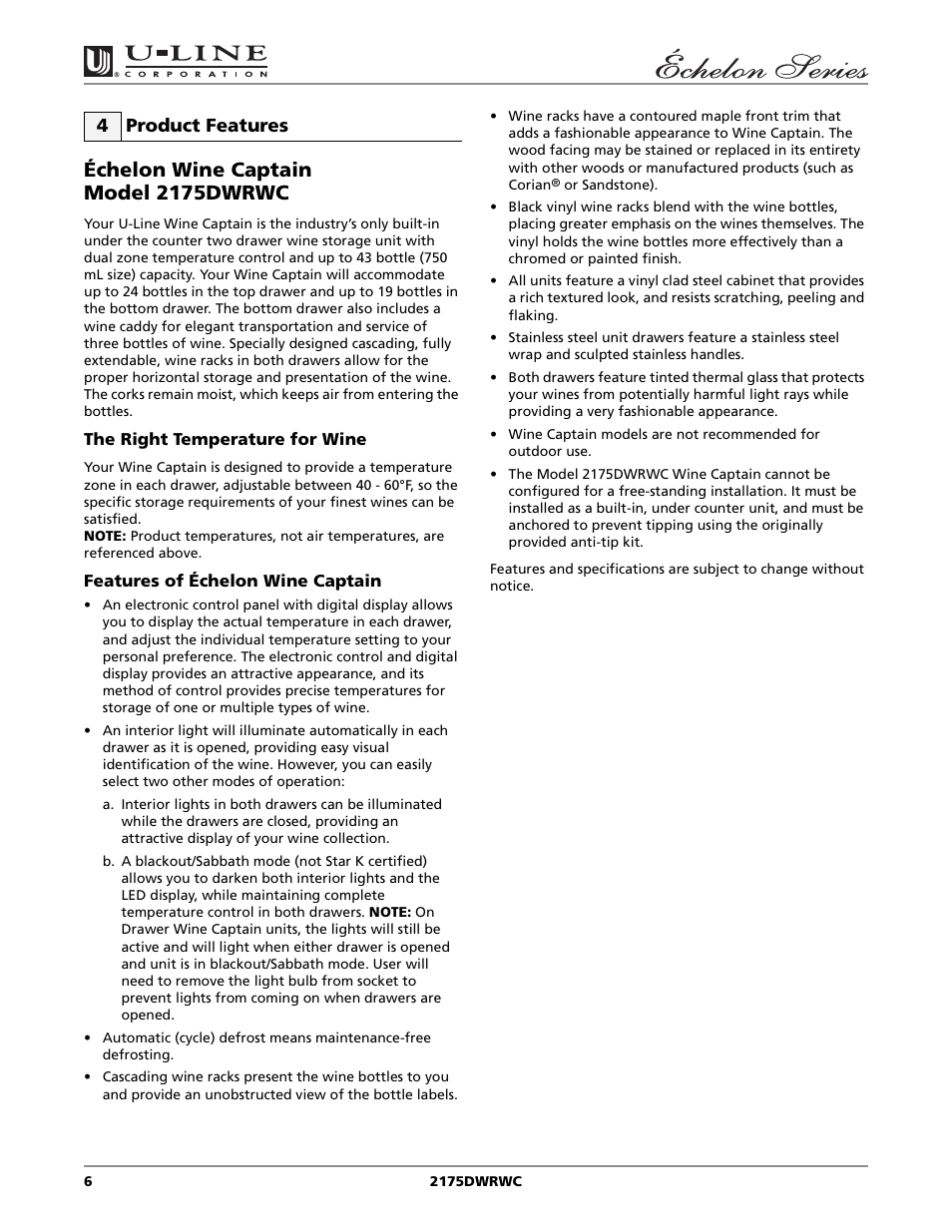 Échelon wine captain model 2175dwrwc, 4 product features | U-Line 2175DWRWC User Manual | Page 6 / 20