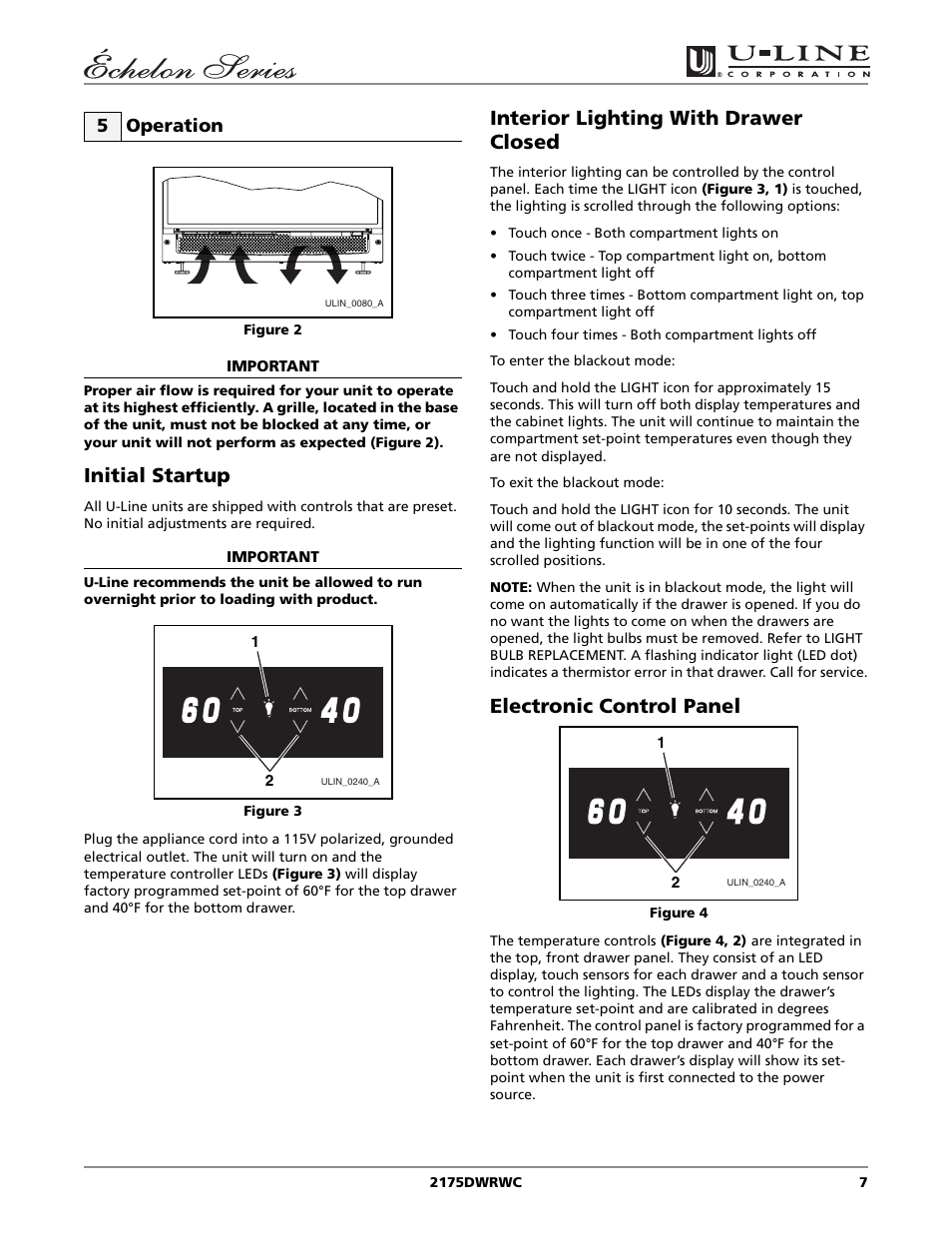 Initial startup, Interior lighting with drawer closed, Electronic control panel | 5 operation | U-Line 2175DWRWC User Manual | Page 7 / 20