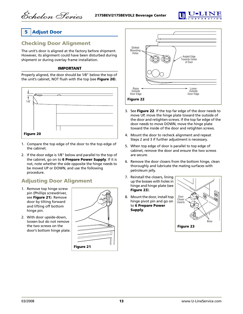 Checking door alignment, Adjusting door alignment, 5 adjust door | U-Line 2175BEVOL2 User Manual | Page 13 / 17