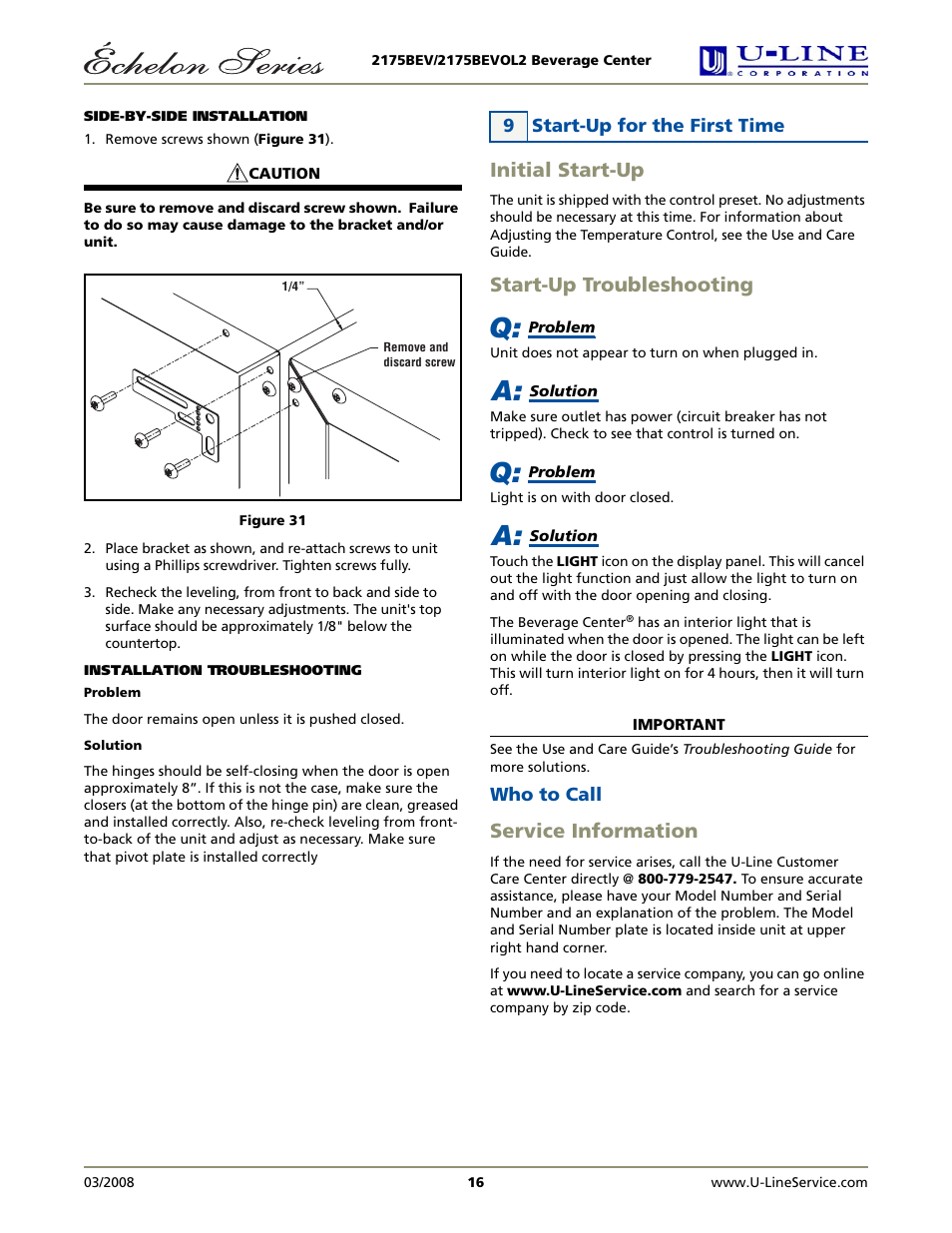 Initial start-up, Start-up troubleshooting, Service information | U-Line 2175BEVOL2 User Manual | Page 16 / 17