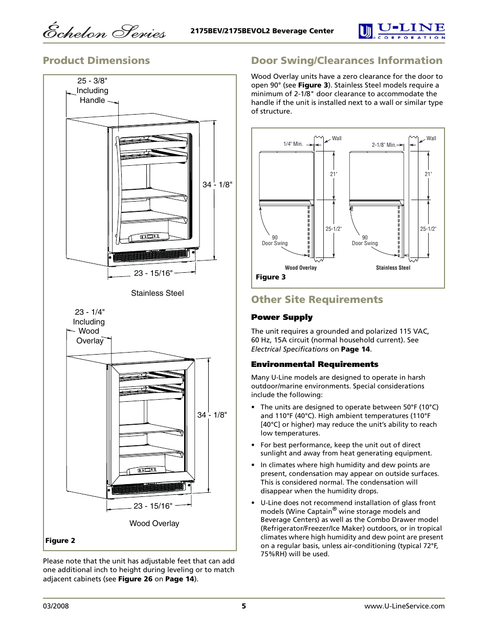 Product dimensions, Door swing/clearances information, Other site requirements | U-Line 2175BEVOL2 User Manual | Page 5 / 17