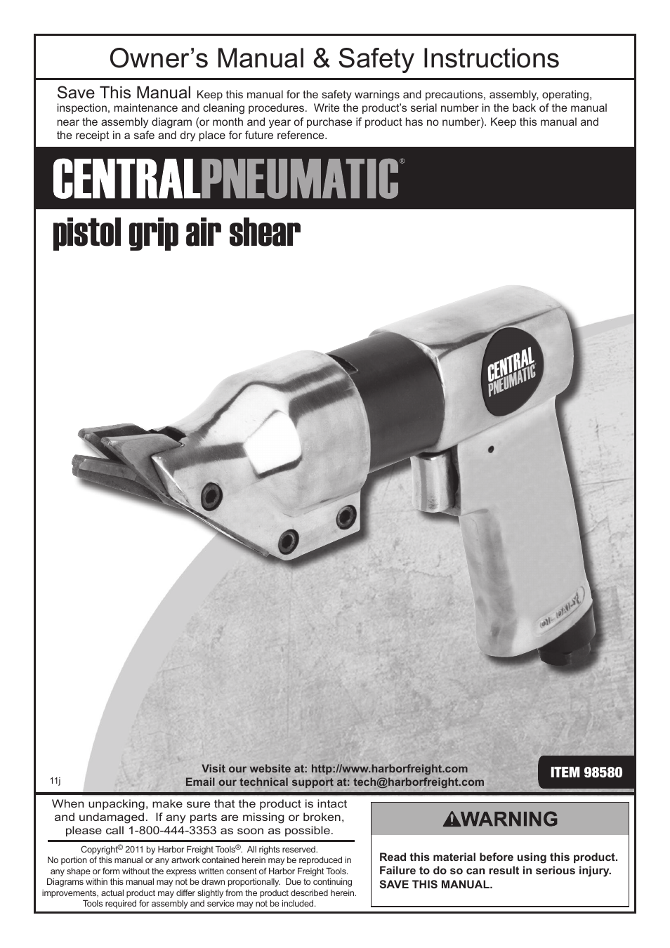 United States Pumice Company Pistol Grip Air Shear 98580 User Manual | 16 pages